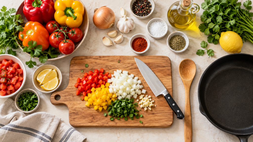 Ingredientes y utensilios organizados para aplicar consejos prácticos de cocina