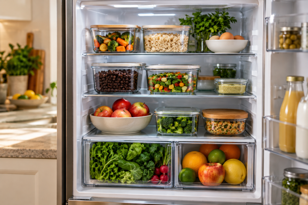 Nevera organizada con frutas, vegetales y alimentos en recipientes con tapa.